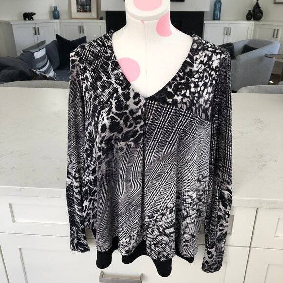 Joseph Ribkoff Lg Slv V Neck Layered Abstract Print Flowy Top Blk Grey Wht Sz 2 - Picture 2 of 10